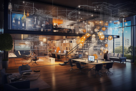 Interior of modern office with abstract glowing lights. Ai generated.の素材