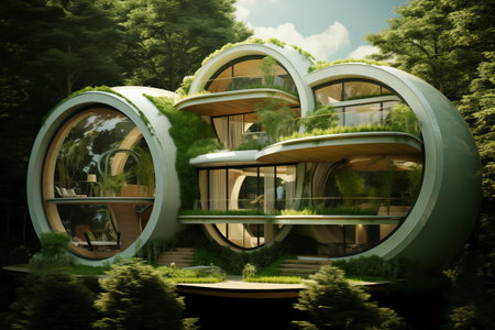 Modern building made of green grass and glass. Ai generated.の素材