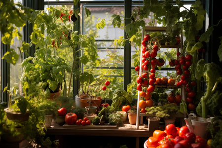 A garden filled with lots of tomato plants. Ai generated.の素材