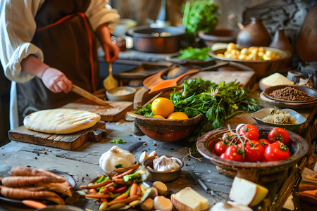 Chef cooking in a rustic kitchen. Cooking food in a rustic kitchen. Ai generated.の素材