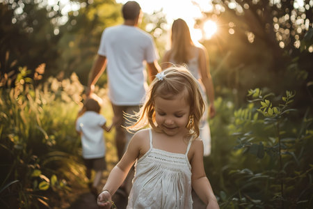 Happy family walking in the park at sunset. Parents with their little daughterの素材