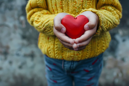 Little girl in a yellow sweater holds a red heart in her handsの素材