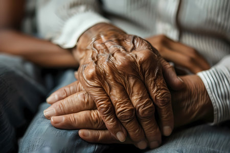 Close up of hands of an elderly woman holding a hand of a young manの素材