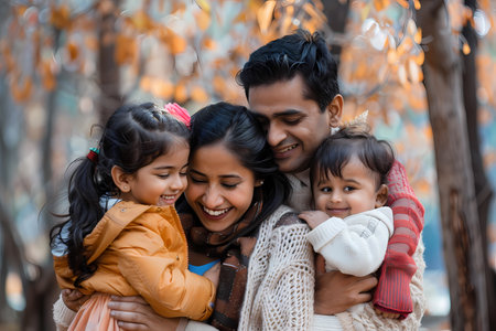 indian family with two daughters in the park at autumn season.の素材