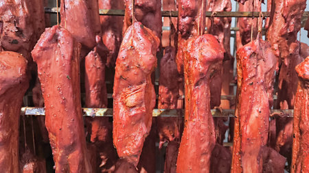 Freshly Roasted Pork Belly Hanging on Racks in a Meat Factory.の写真素材
