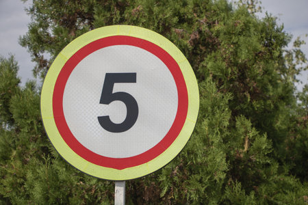 A round road sign with the number 5 written on it, next to green trees. The background is a gray...