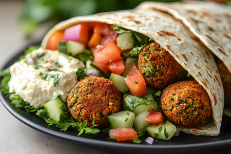 Falafel with vegetables and hummus on plate, closeupの素材