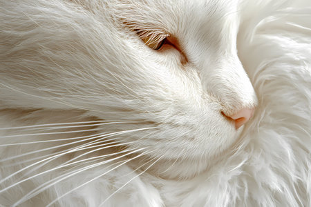 A close-up of the face and fur texture of an extremely white cat, with its eyes closed and paws resting on its head.の写真素材