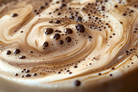 Close-up of a cappuccino with swirls and chocolate chips, close-up.の写真素材