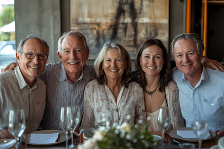 Portrait of a group of happy senior friends sitting in a restaurantの素材