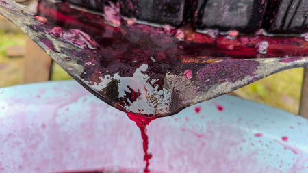Close-up of purple-red wine being mashed in an industrial mechanical press with large metal bladesの写真素材