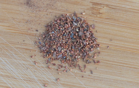 Close-up of Ficus benghalensis seeds scattered on wooden surface.の写真素材