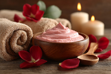 Spa Composition with Pink Body Cream, Towels, Candles and Rose Petalsの素材