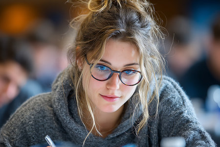 Focused Young Woman Studying in Classroom with Glasses and Sweaterの素材