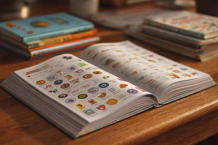 Colorful Illustrated Book Open on Wooden Desk with Stacked Booksの素材