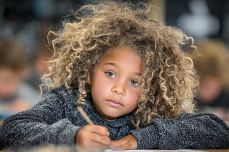 Curly-Haired Child Drawing at School Desk with Thoughtful Expressionの素材