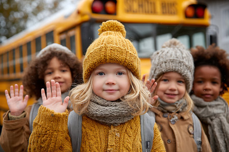 A group of children wearing yellow knitted hats and sweaters, waving their hands in front of the school bus with smiles on their faces.の素材