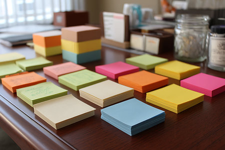 Colorful sticky notes on an office desk, with some in pink and yellow tones, others in green or blue, all neatly lined up to create an appealing compositionの素材