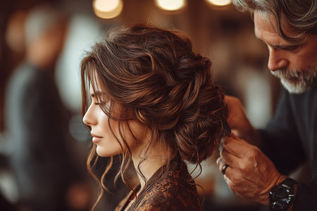 A stylist is creating an elegant updo hairstyle for the model, who has long brown hair with subtle highlights and waves.の素材