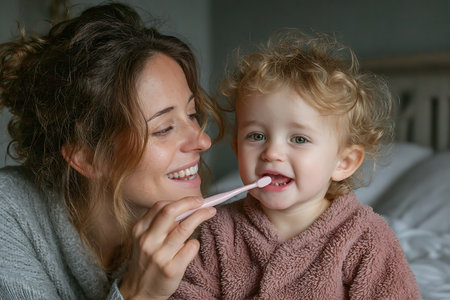 Portrait of mother and daughter brushing teeth together at home. Happy family concept.の素材