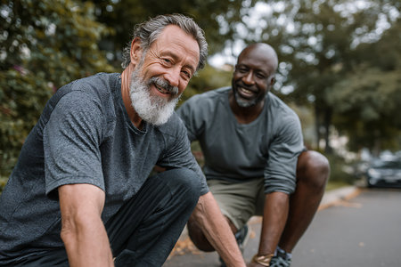Portrait of a smiling senior man and his adult son exercising outdoorsの素材