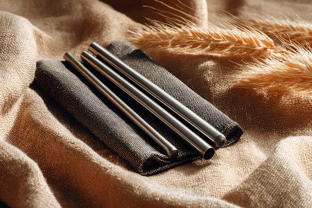 Three metal drinking straws in a black leather case on a textile background.の素材