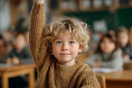 Portrait of a boy with blond hair in the classroom. The boy raised his hands up.の素材
