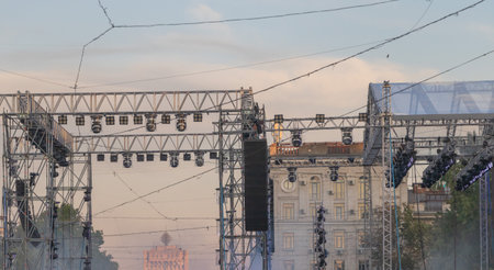 Chisinau - Stage lighting structures and sound system prepared for public event.の写真素材