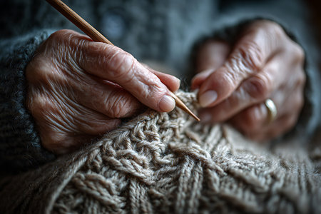 Closeup of wrinkled elderly hands knitting wool fabric with wooden needles, symbol of patience, craftsmanship, tradition and slow livingの素材