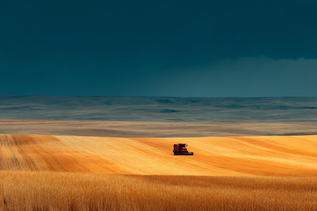 Red combine harvester working on golden wheat field under dramatic dark stormy sky, modern agriculture and harvesting conceptの素材