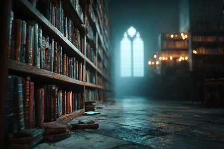Atmospheric Historic Library Interior with Scattered Books and Arched Window Lightの素材