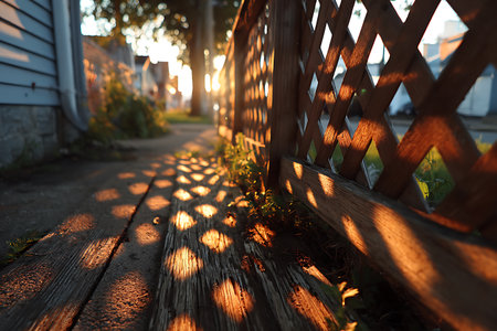 Sunset Light Casting Geometric Shadows Through Lattice Fence onto Wooden Sidewalkの素材