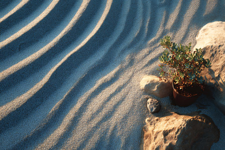 Zen Garden with Raked Gravel, Succulent Plant, and Stones in Warm Sunset Lightの素材
