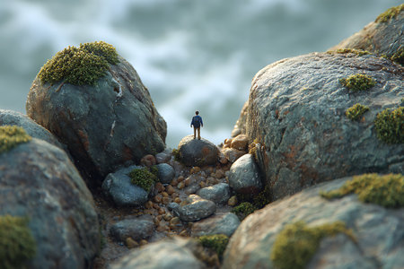 Miniature Figure on Mossy Rocks Overlooking Blurred Ocean Horizon in Diorama Landscapeの素材
