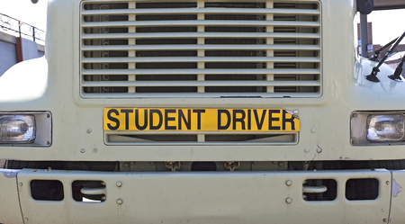 STUDENT DRIVER sign on front of semi truck. Horizontal.の写真素材
