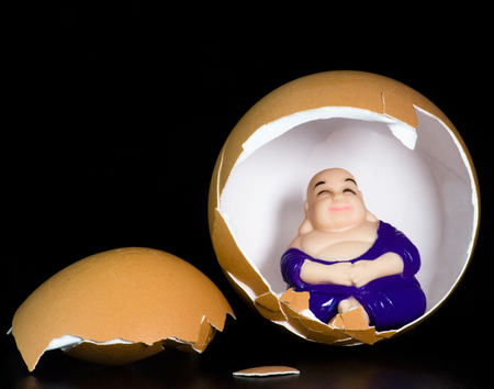 Oooooomlet enlightenment. Buddha in an eggshell. Humor.の写真素材