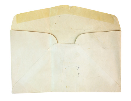 Isolated yellowed letter envelope showing open flap on back. Horizontal.の写真素材