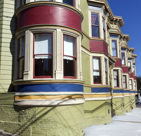 Close up of San Francisco apartment building with Victorian bay windows.の写真素材
