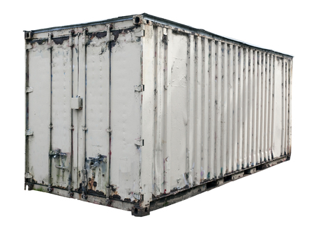Heavily used and weathered white shipping container. isolated.の写真素材