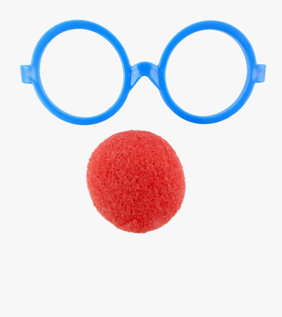 Simple blue plastic glasses frames and red foam clown nose. Add to and build your own silly, goofy face. Isolated.の写真素材