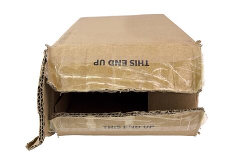 Roughed up open parcel box. Isolated.