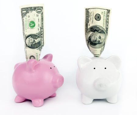 Piggy bank envy. One dollar bank staring at one hundred dollar piggy bank.の写真素材