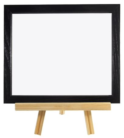 Blank black wood frame on presentation easel. Copy space. Isolated. Horizontal.の写真素材