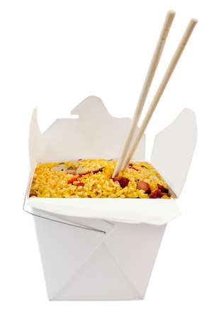 Isolated carton of Chinese pork fried rice with chopsticks.の写真素材