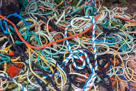 A jumbled tangled pile of colorful lobstering ropes.