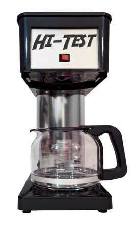 Drip coffee maker isolated on white labeled HI-TEST.の写真素材