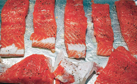 Freshly caught Pacific Ocean salmon filets.