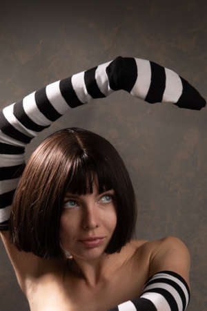 A woman is wearing black and white socksの写真素材