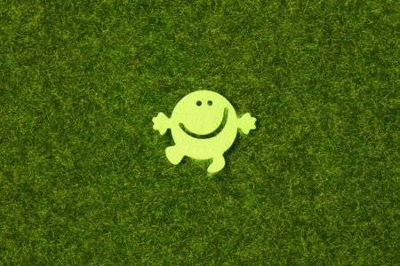 smile face card on green leave backgroundの写真素材