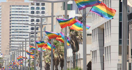 Tel Aviv, Israel - June, 2021: The annual pride parade in Tel Aviv. Thousands of people are celebrating and marching along the sea side.の写真素材